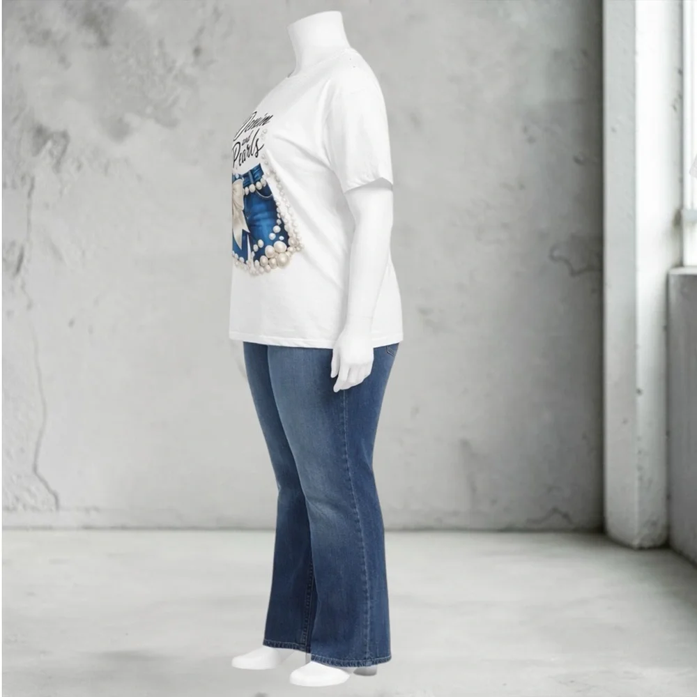 New “Denim and Pearls@ Graphic Tee - White - Picture 10 of 13